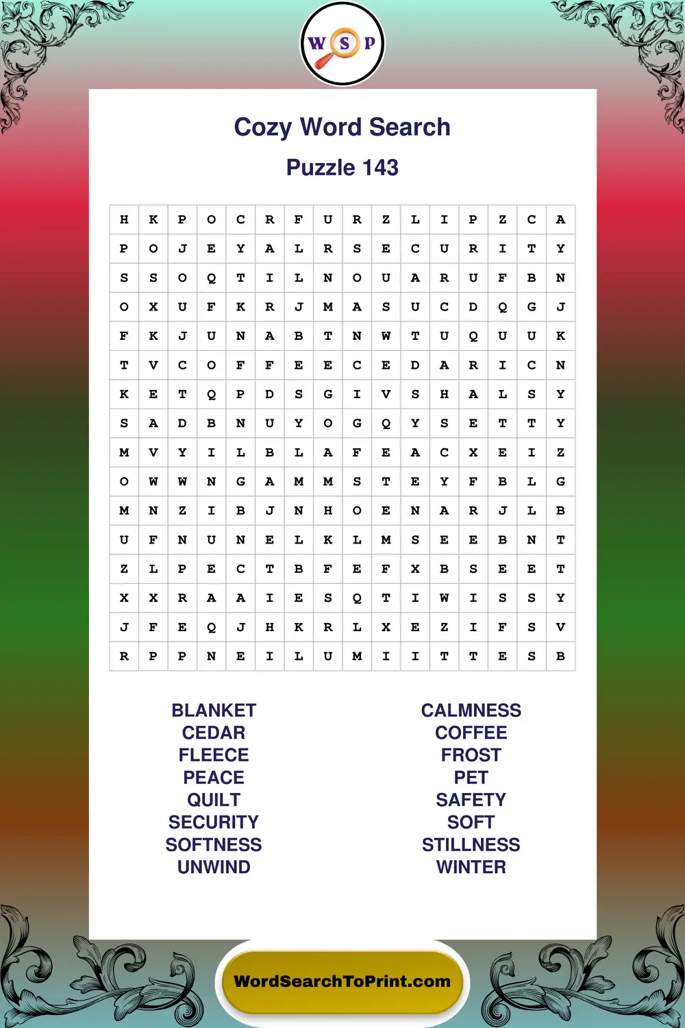 Cozy Word Search Puzzle 143