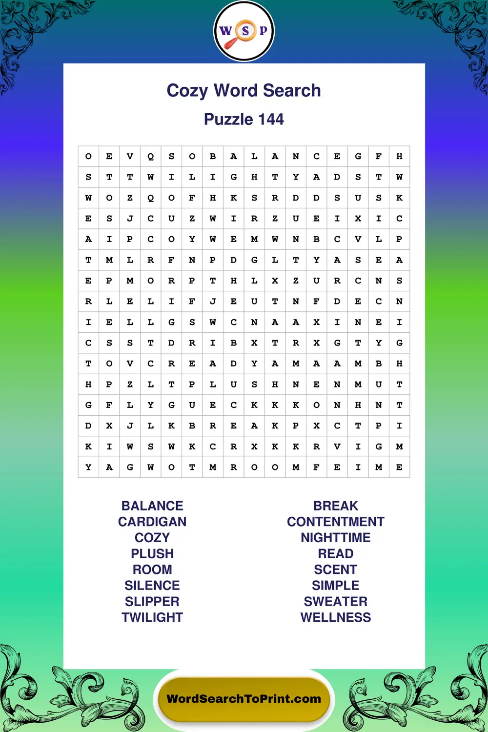 Cozy Word Search Puzzle 144