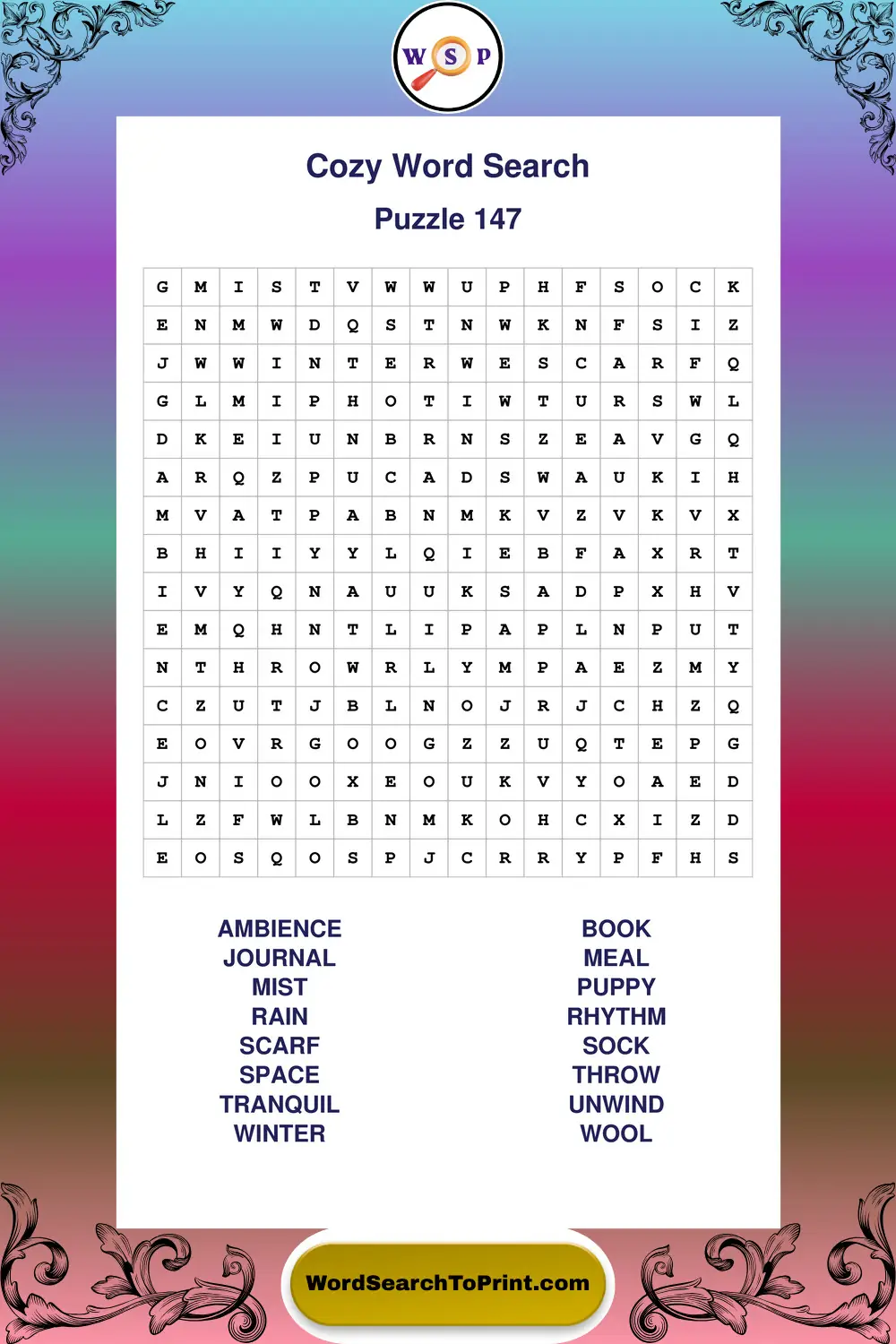 Cozy Word Search Puzzle 147