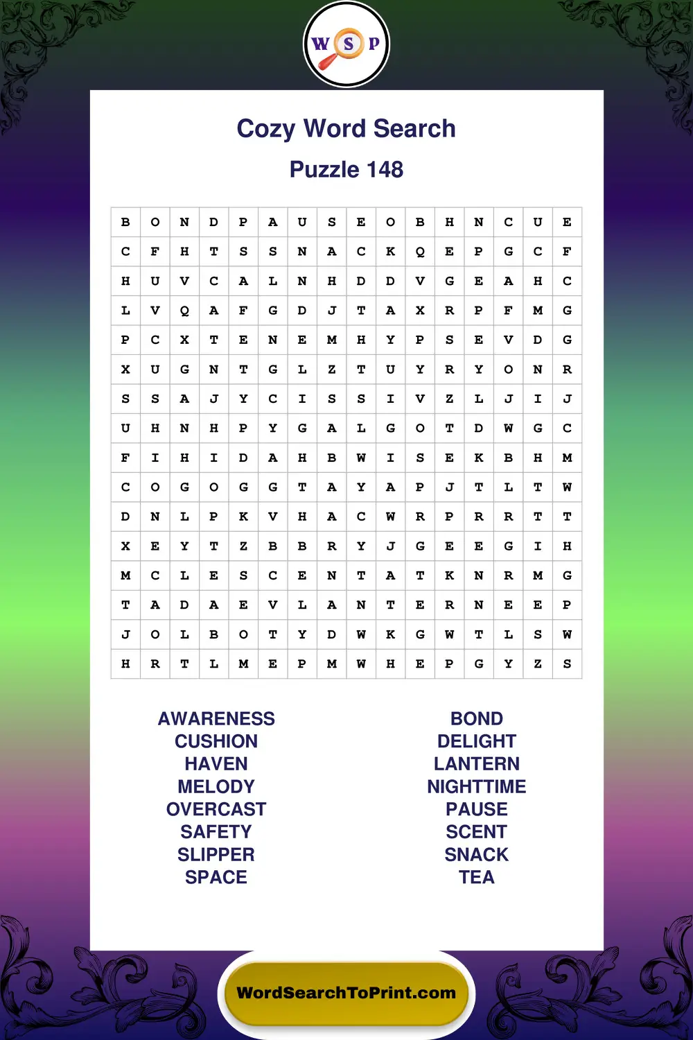 Cozy Word Search Puzzle 148