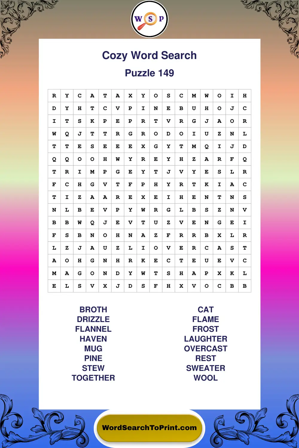 Cozy Word Search Puzzle 149