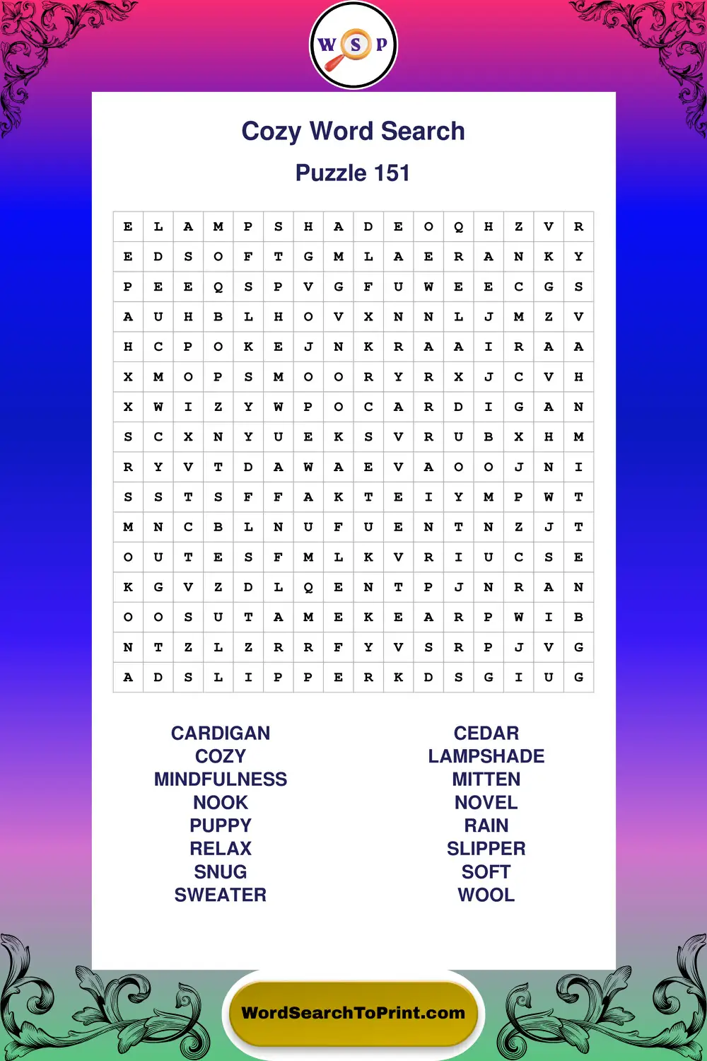 Cozy Word Search Puzzle 151