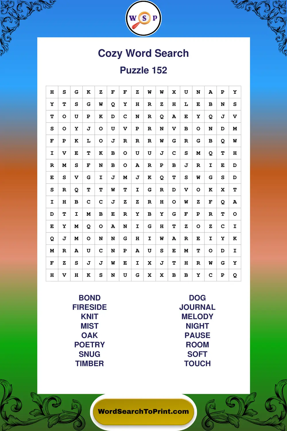 Cozy Word Search Puzzle 152