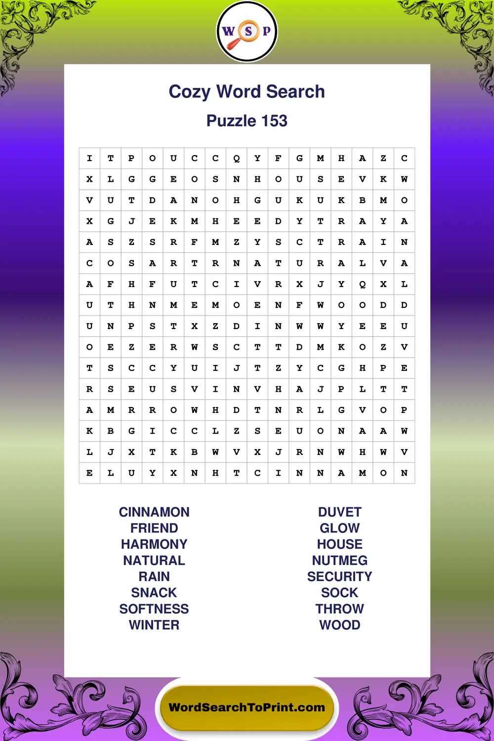 Cozy Word Search Puzzle 153