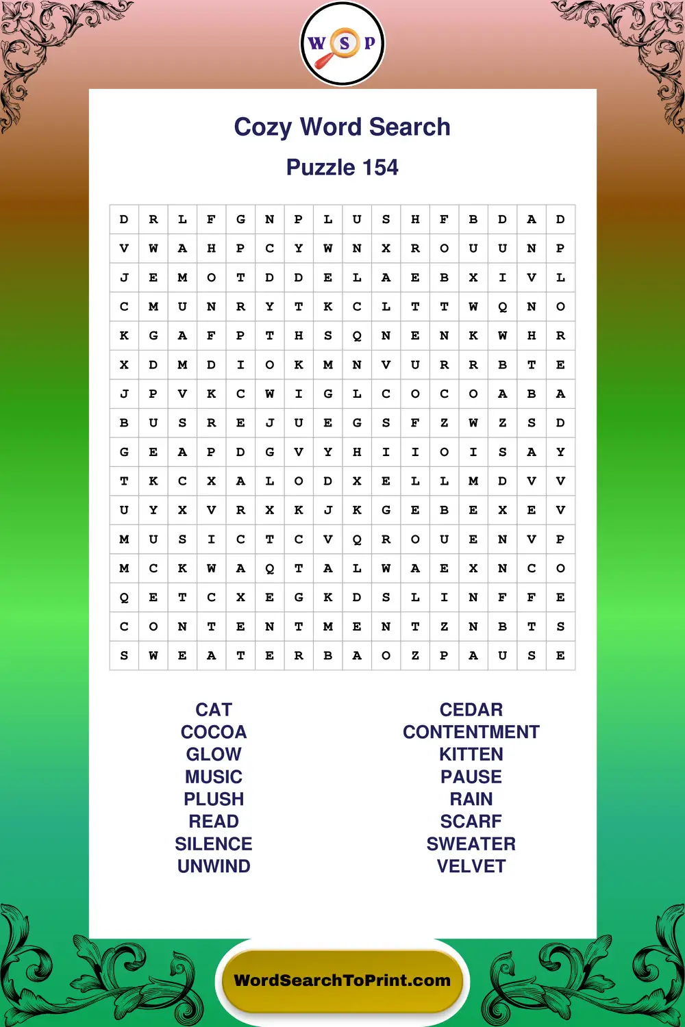 Cozy Word Search Puzzle 154