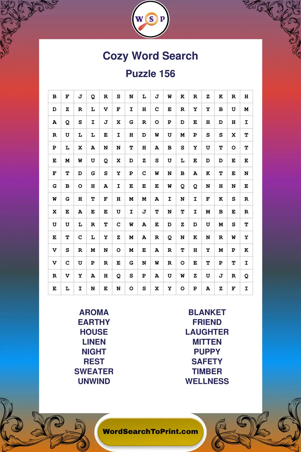 Cozy Word Search Puzzle 156