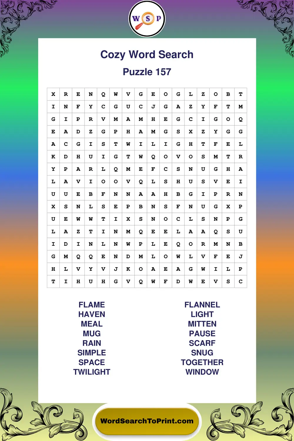Cozy Word Search Puzzle 157