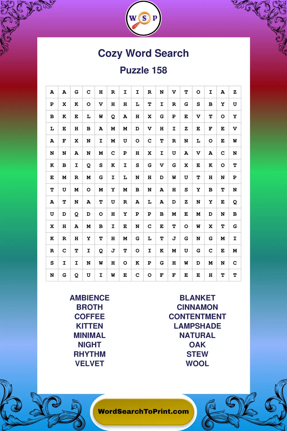 Cozy Word Search Puzzle 158