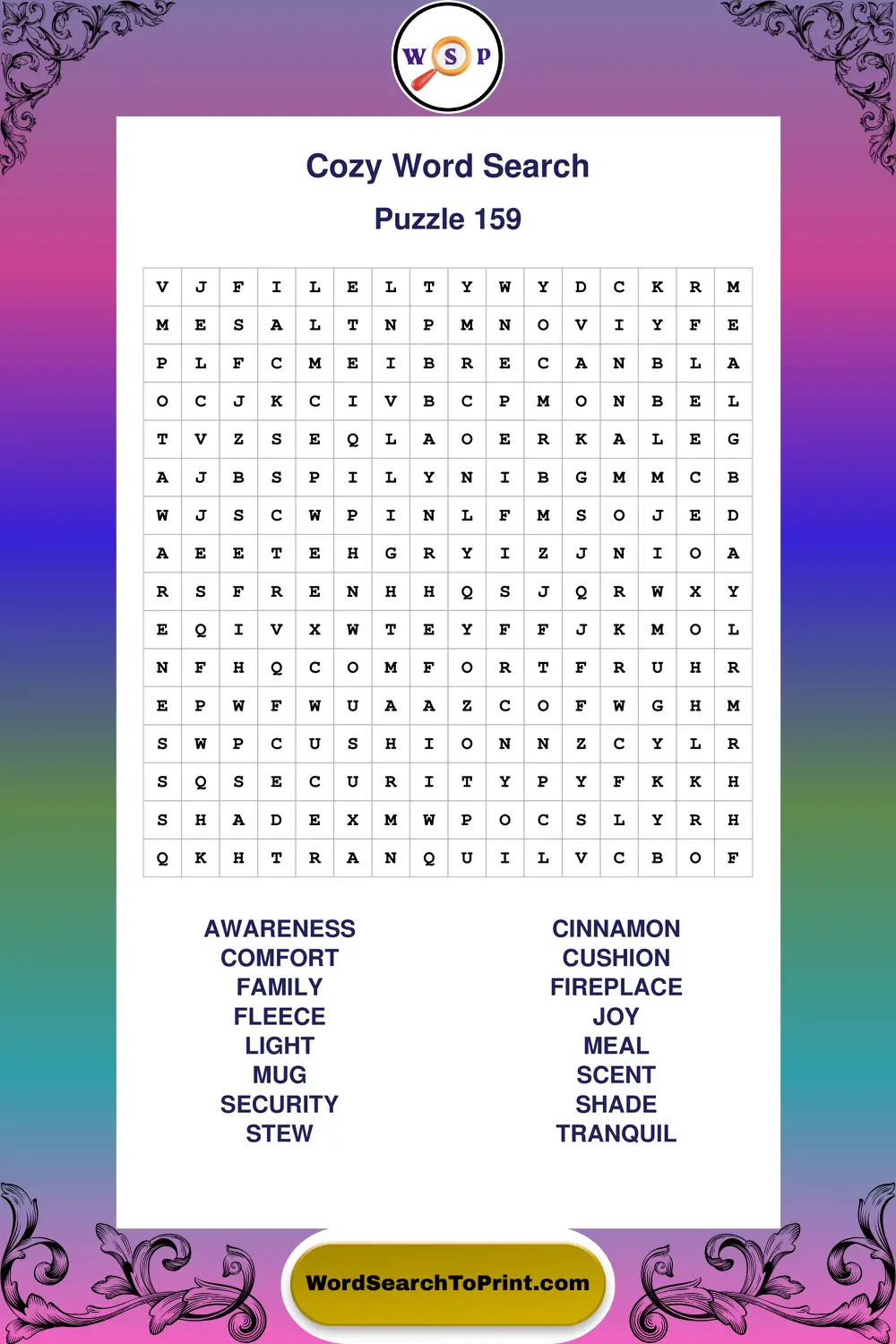 Cozy Word Search Puzzle 159