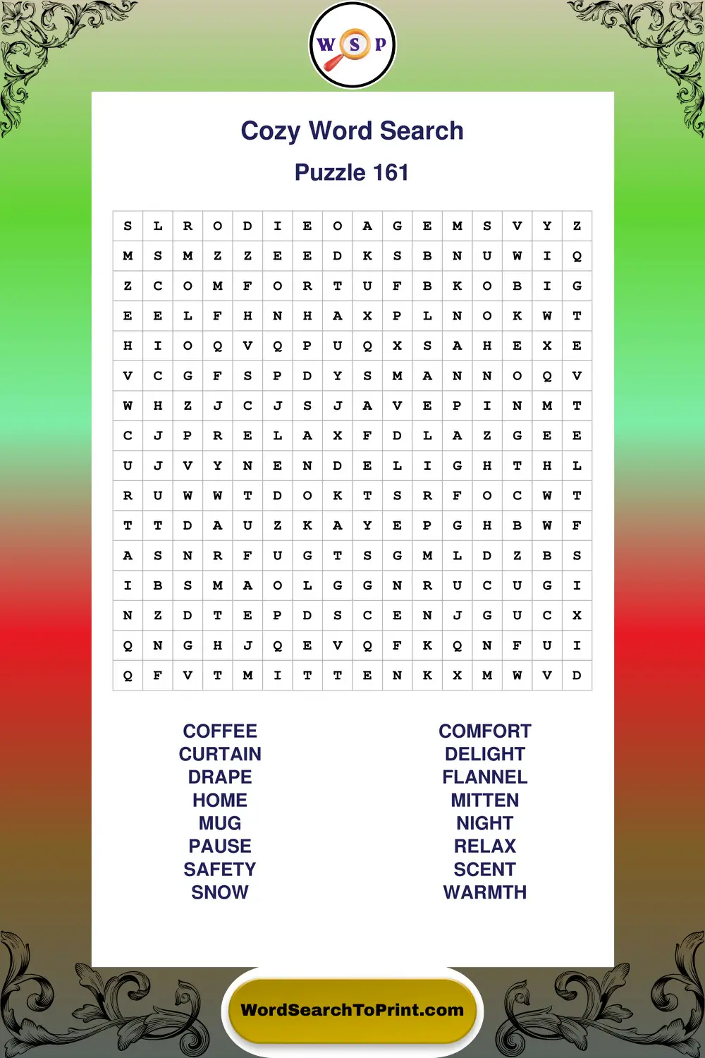 Cozy Word Search Puzzle 161