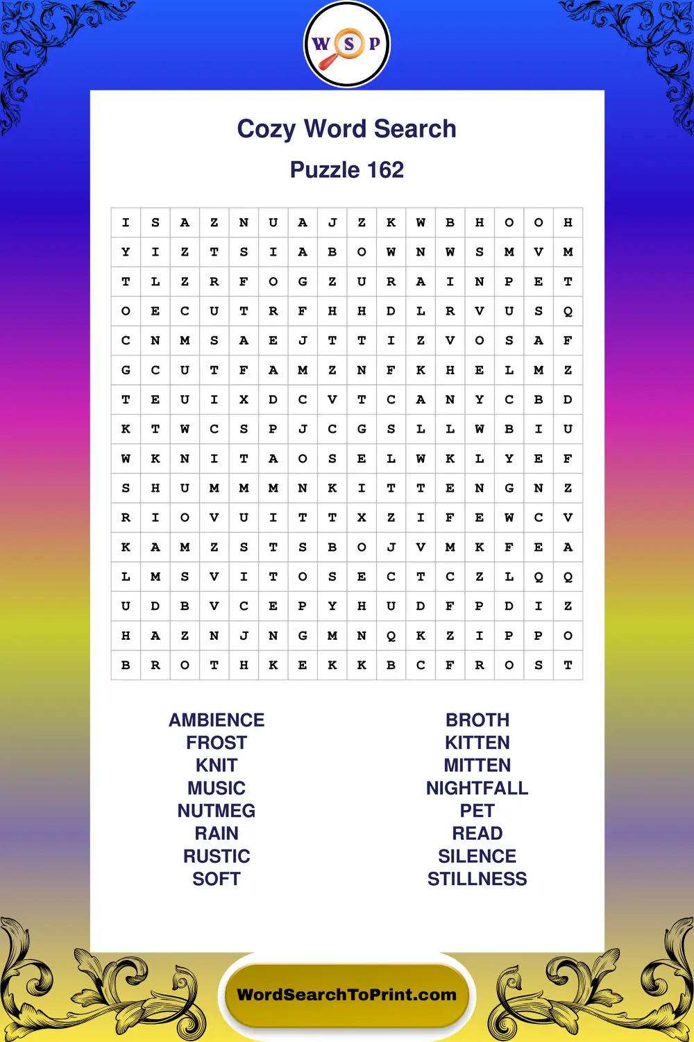 Cozy Word Search Puzzle 162