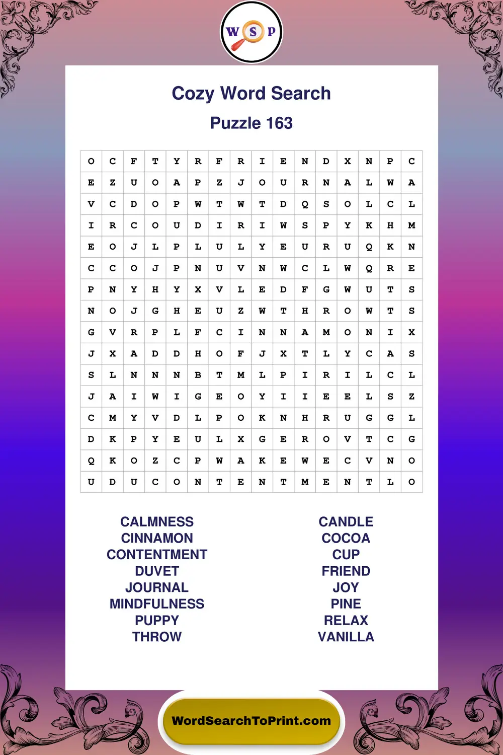 Cozy Word Search Puzzle 163