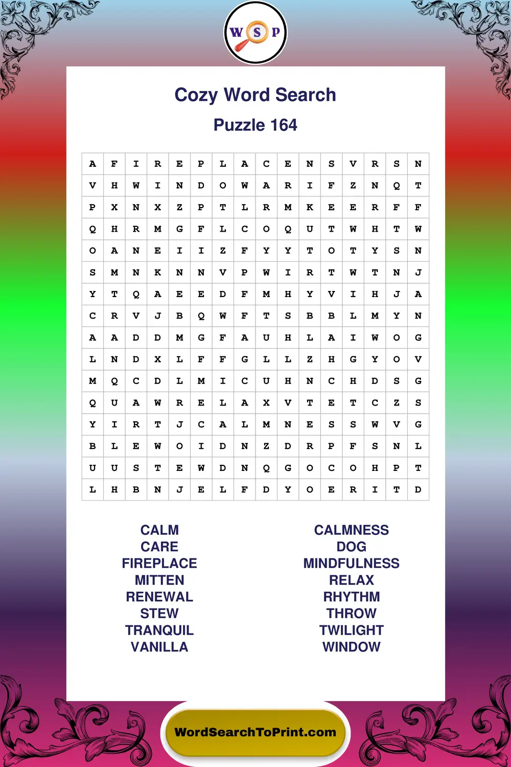 Cozy Word Search Puzzle 164