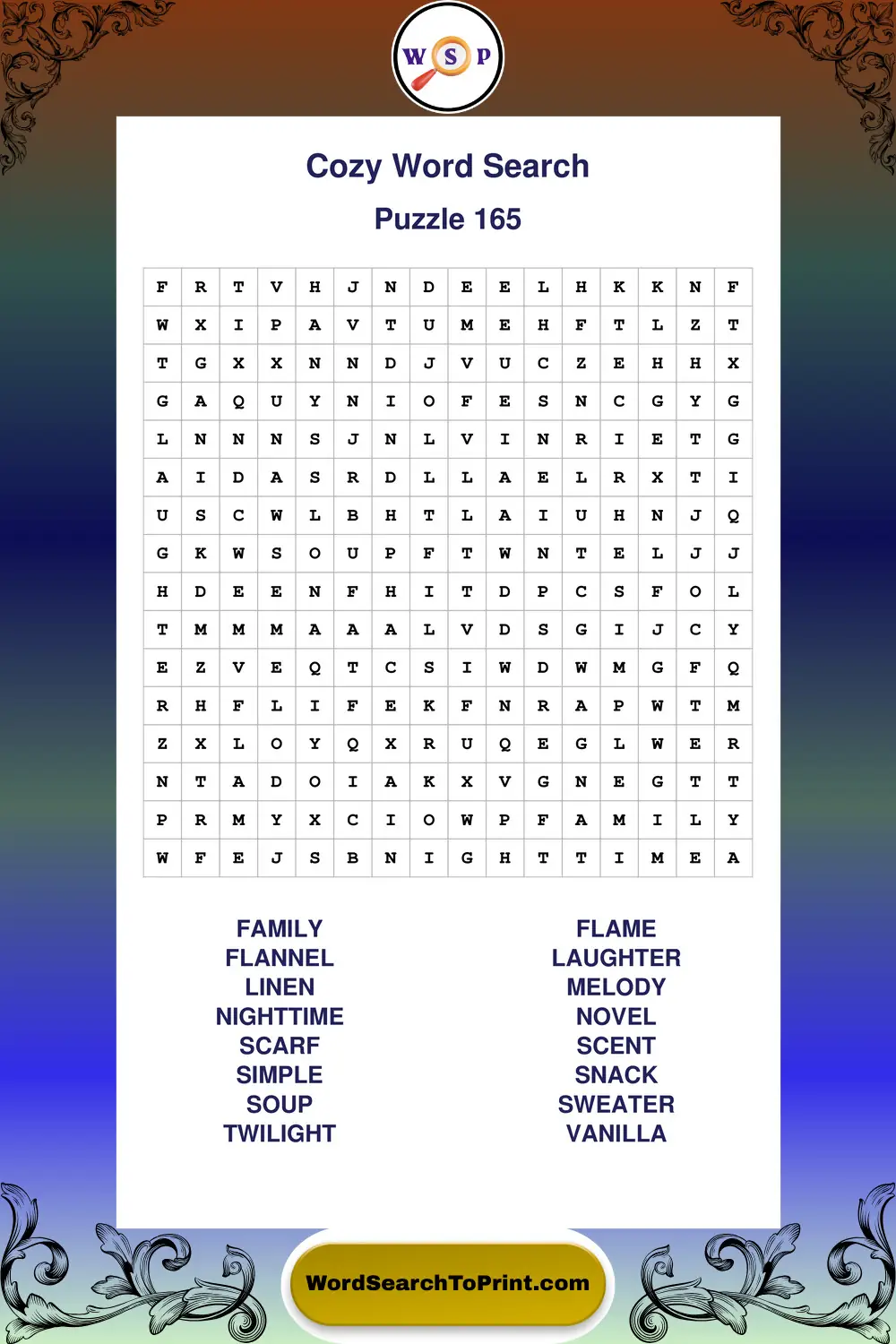 Cozy Word Search Puzzle 165