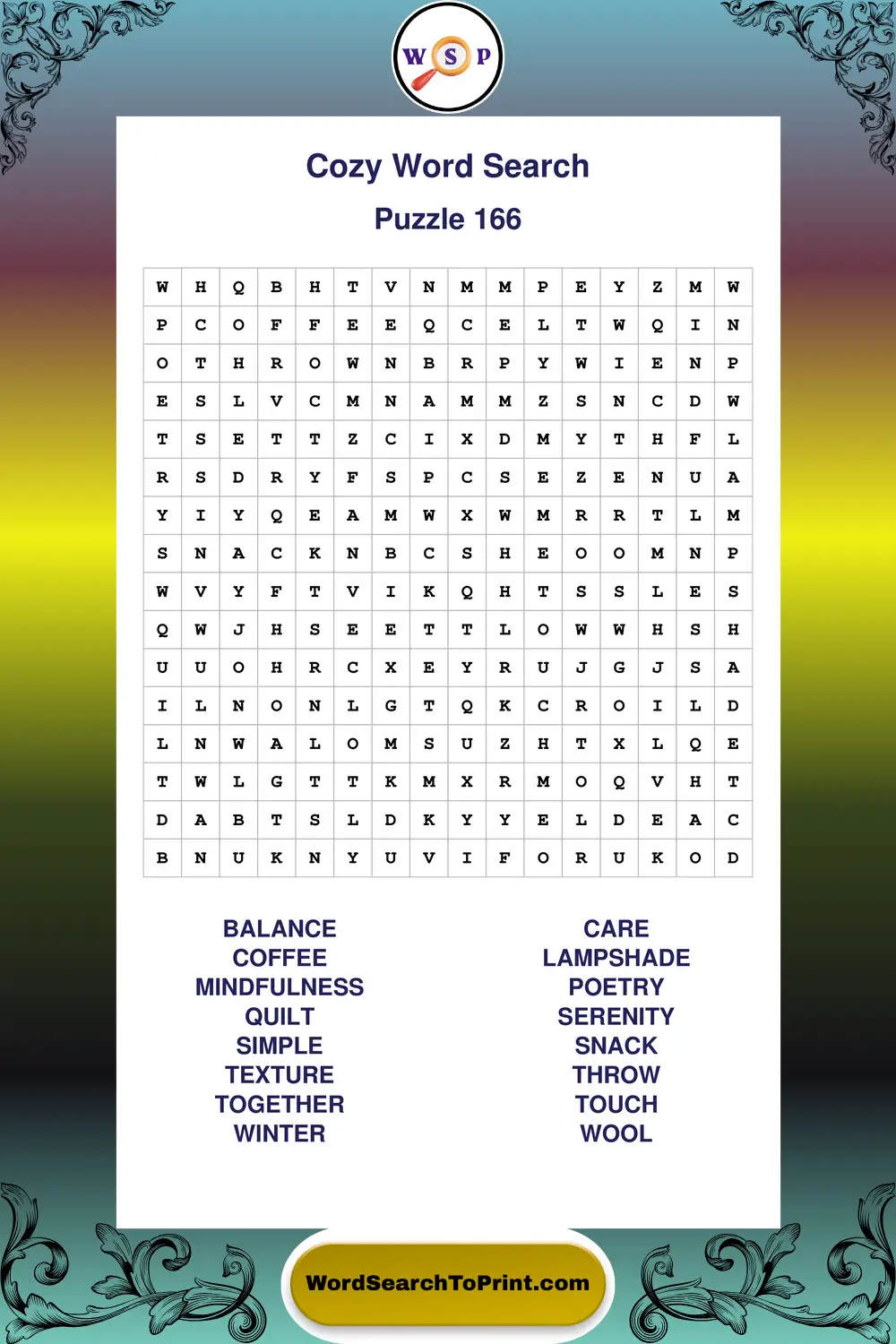 Cozy Word Search Puzzle 166