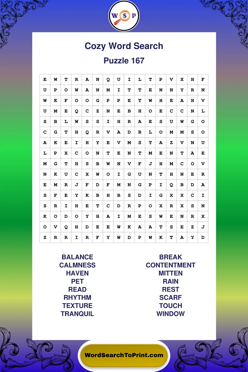 Cozy Word Search Puzzle 167