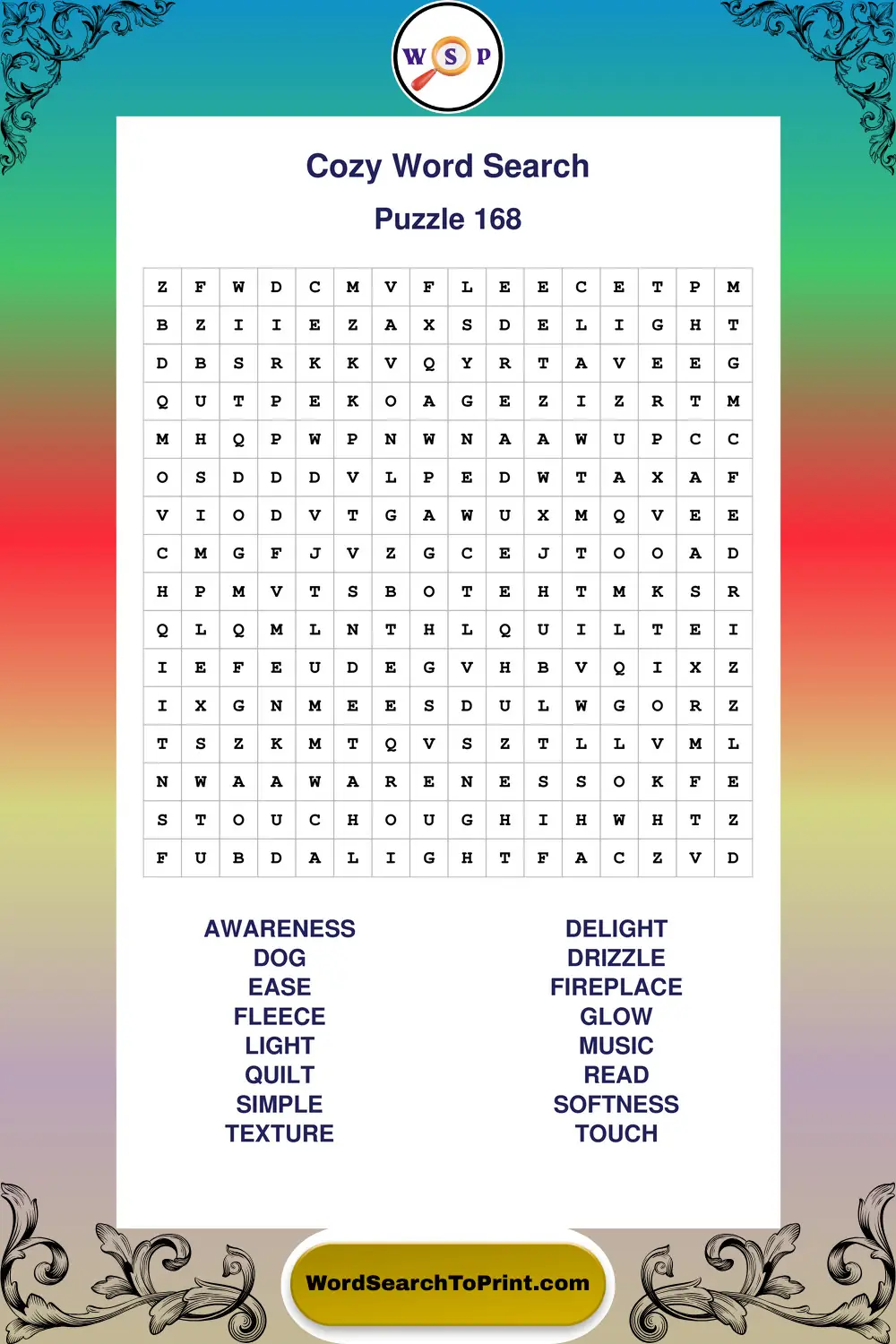 Cozy Word Search Puzzle 168