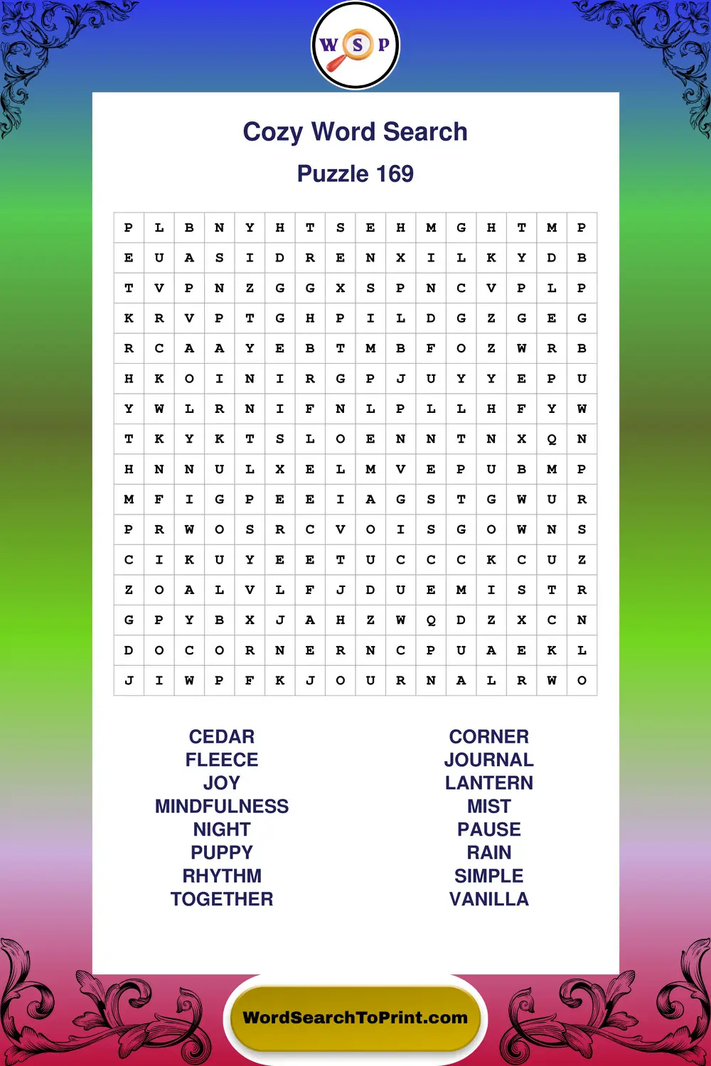 Cozy Word Search Puzzle 169