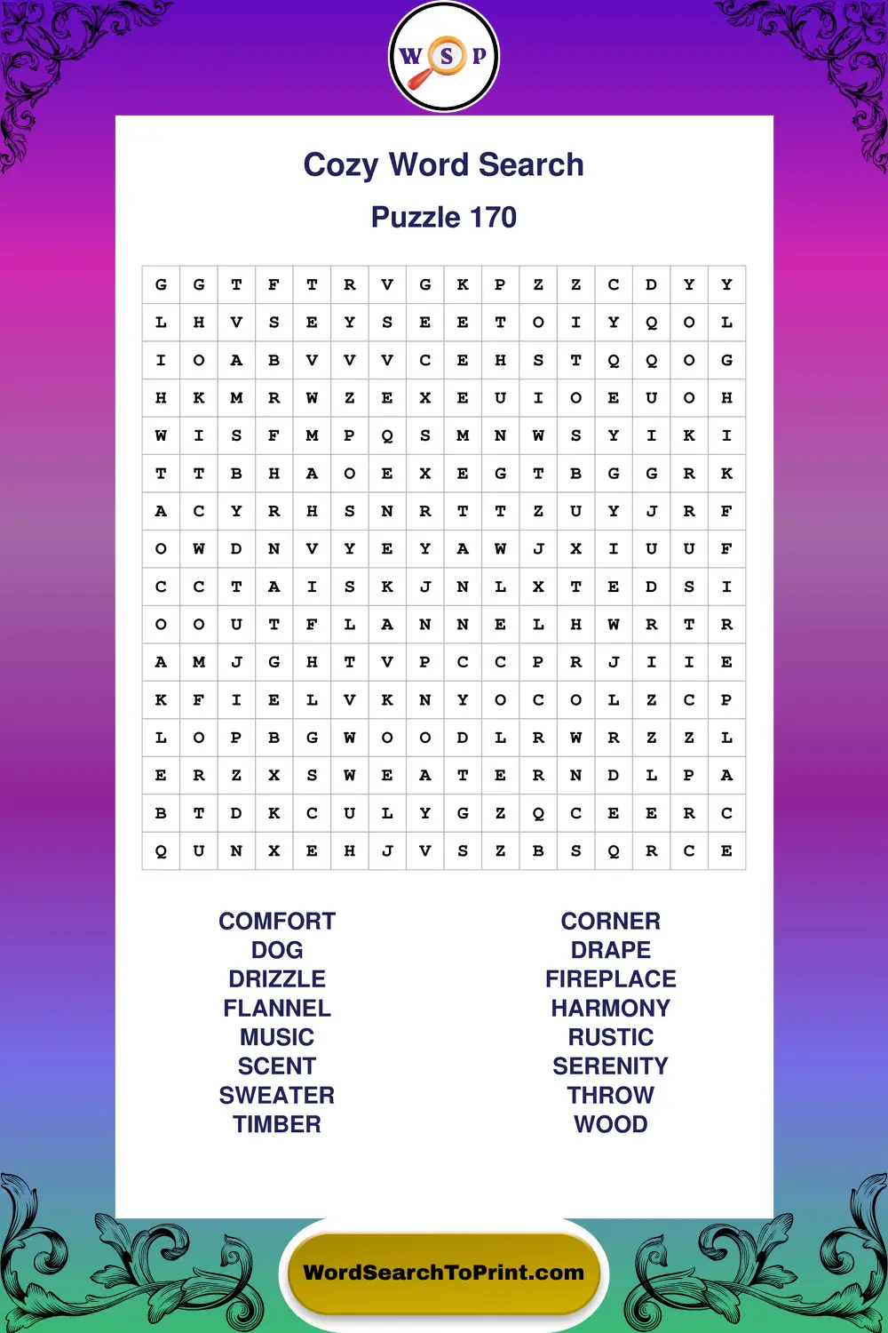 Cozy Word Search Puzzle 170