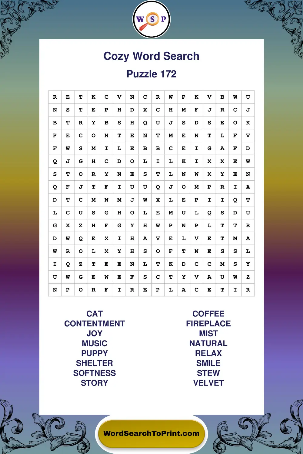 Cozy Word Search Puzzle 172