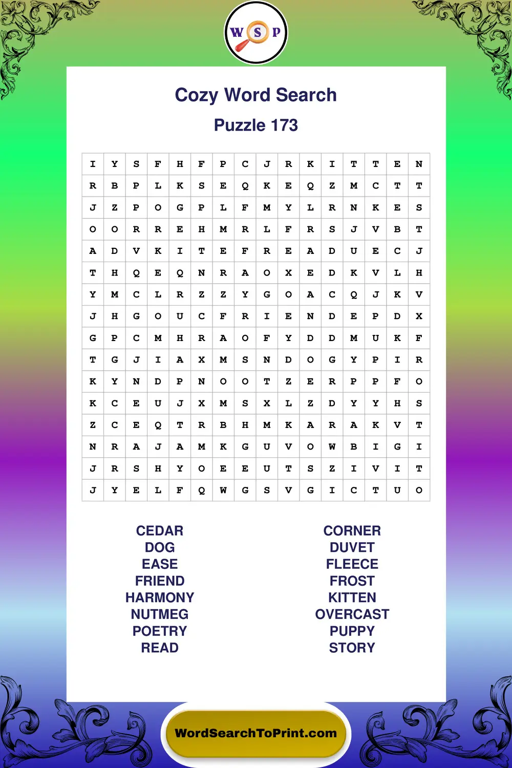 Cozy Word Search Puzzle 173
