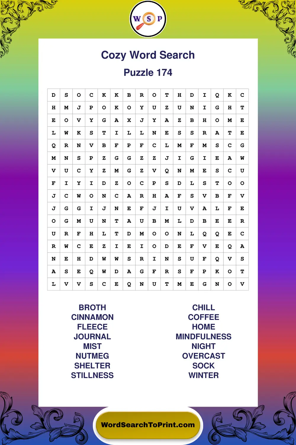 Cozy Word Search Puzzle 174