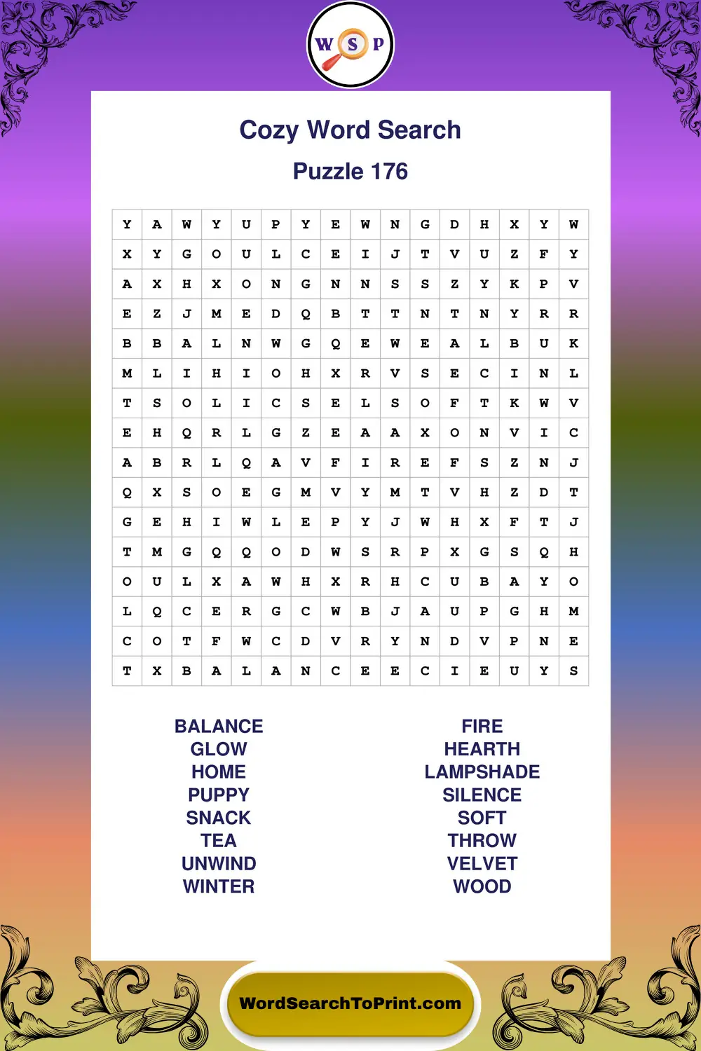 Cozy Word Search Puzzle 176