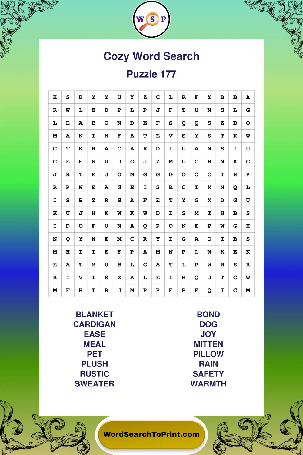 Cozy Word Search Puzzle 177