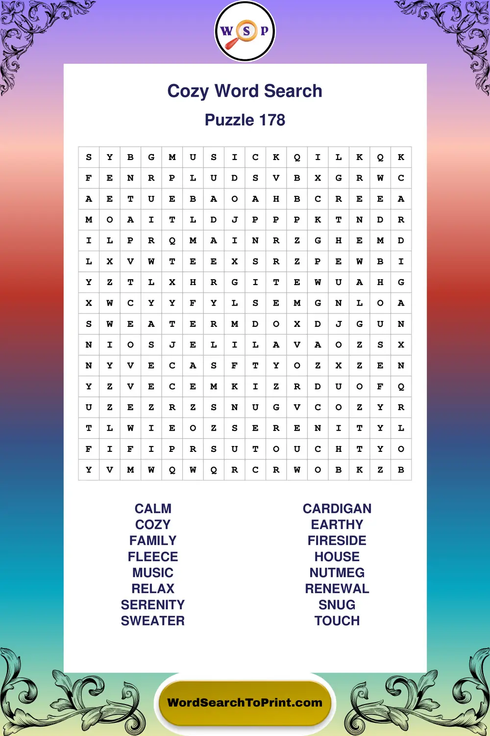 Cozy Word Search Puzzle 178