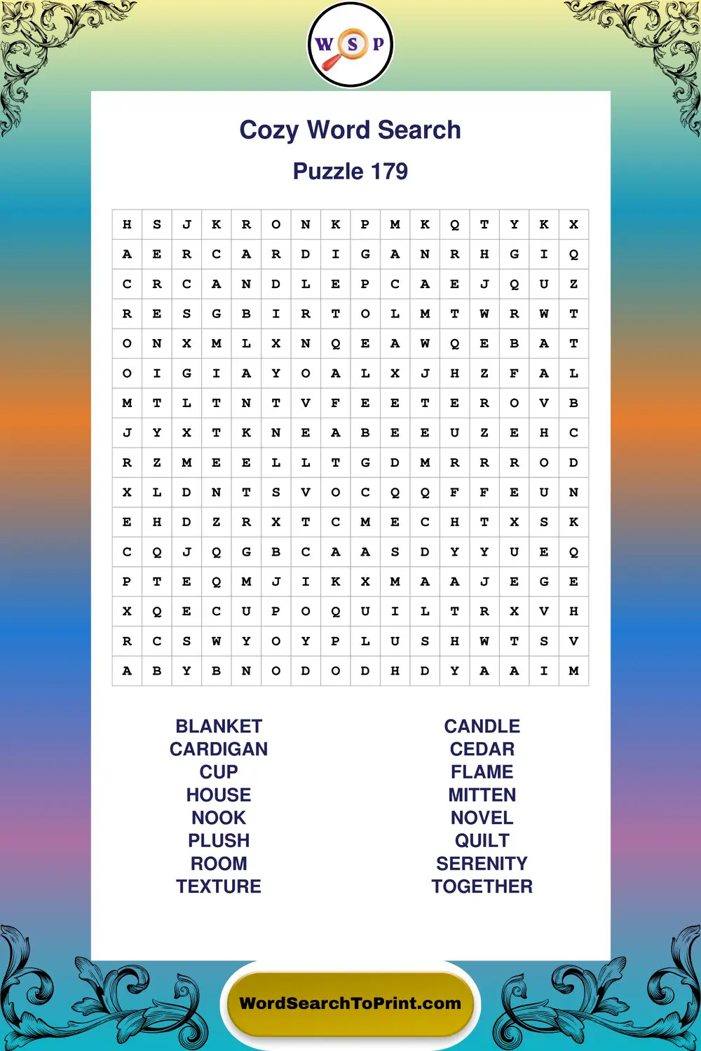 Cozy Word Search Puzzle 179