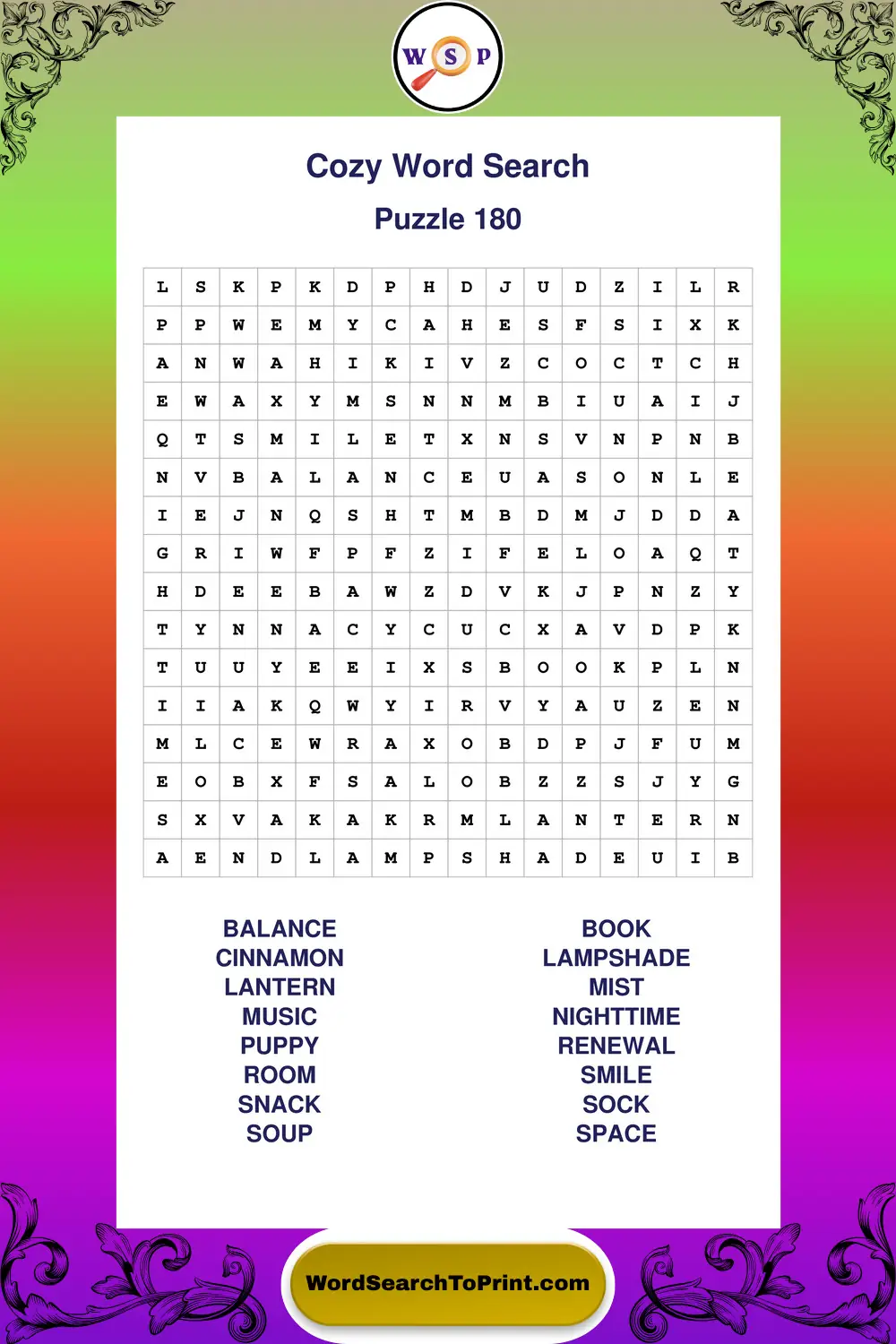 Cozy Word Search Puzzle 180