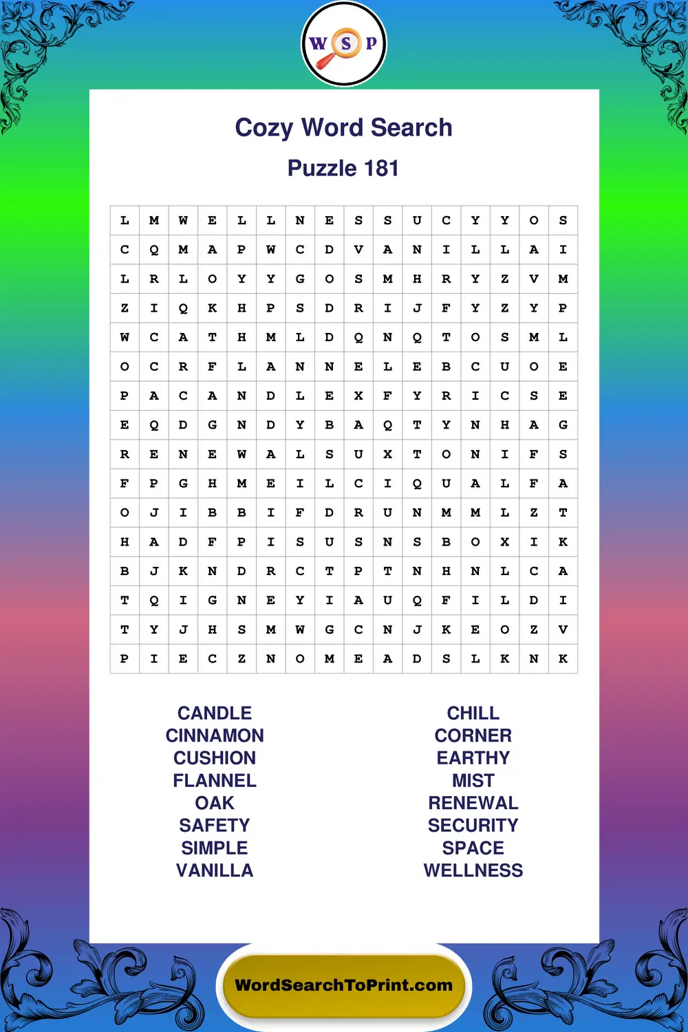 Cozy Word Search Puzzle 181