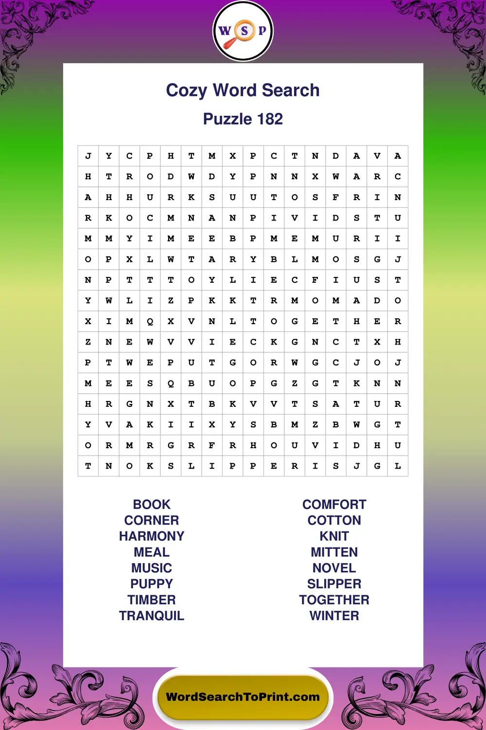 Cozy Word Search Puzzle 182