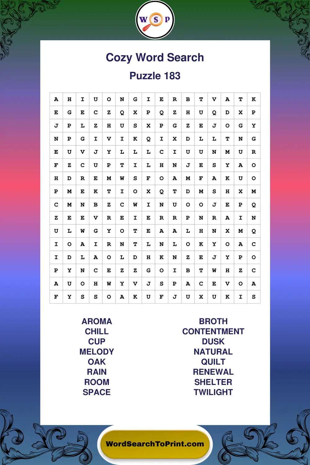 Cozy Word Search Puzzle 183