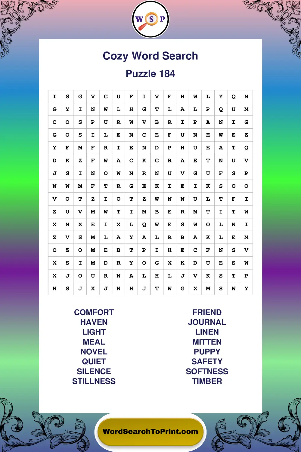 Cozy Word Search Puzzle 184