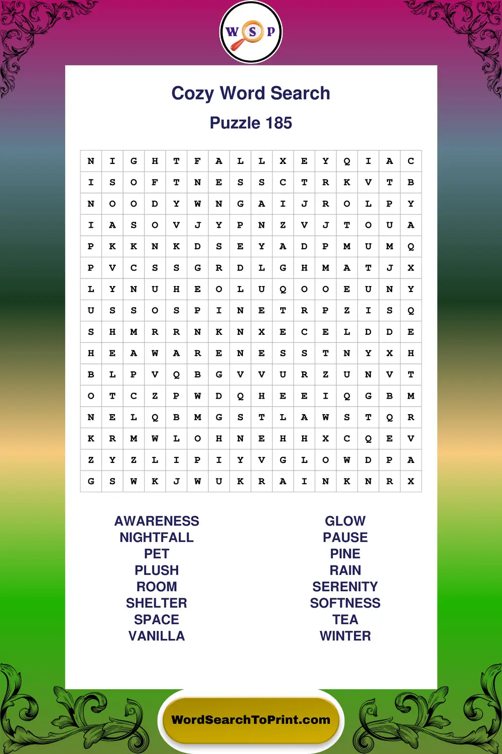 Cozy Word Search Puzzle 185