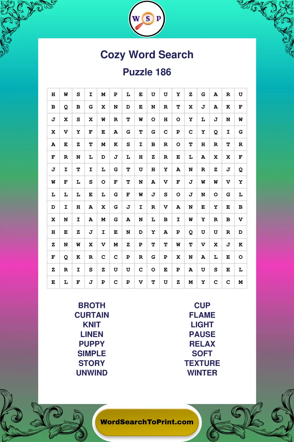 Cozy Word Search Puzzle 186