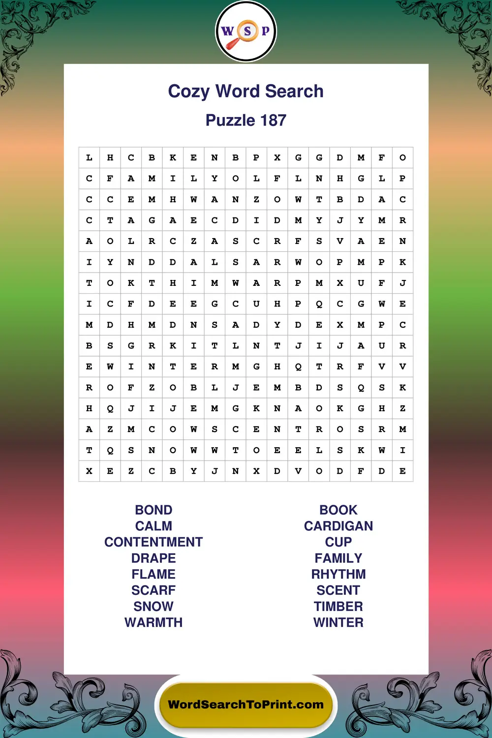 Cozy Word Search Puzzle 187