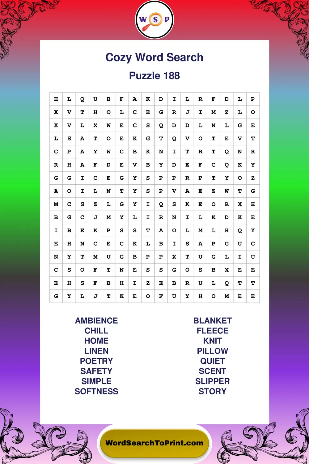Cozy Word Search Puzzle 188