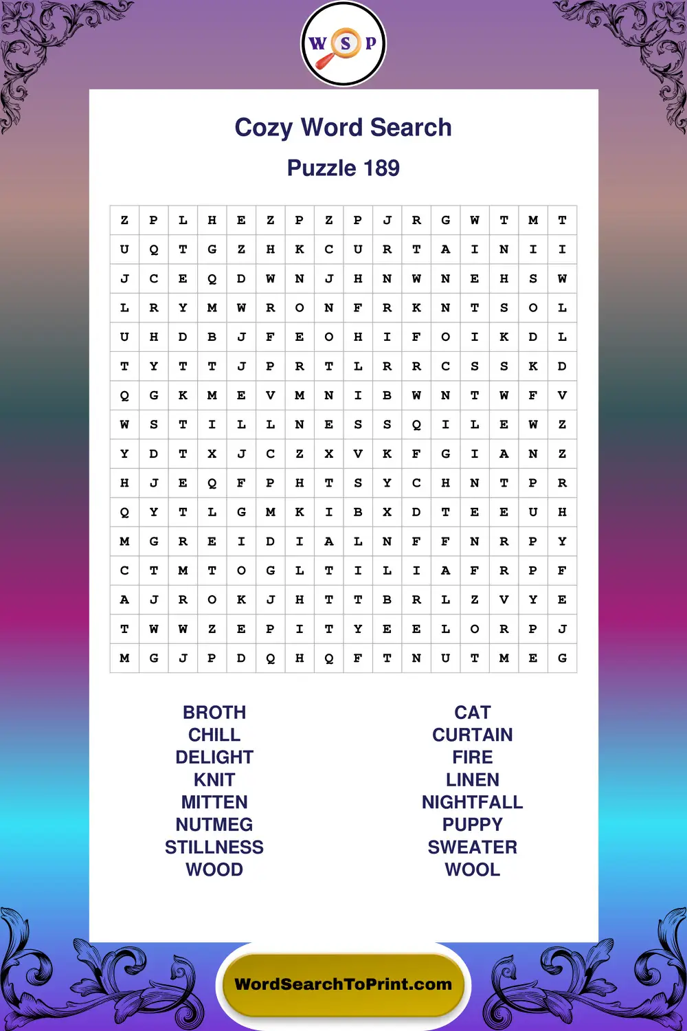 Cozy Word Search Puzzle 189