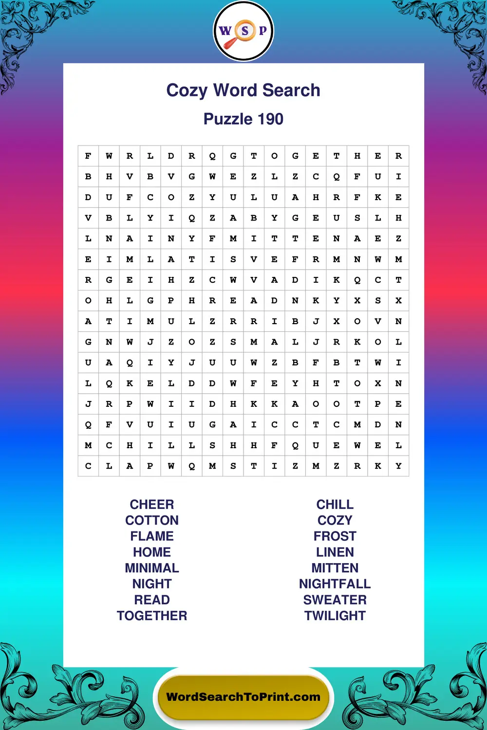 Cozy Word Search Puzzle 190