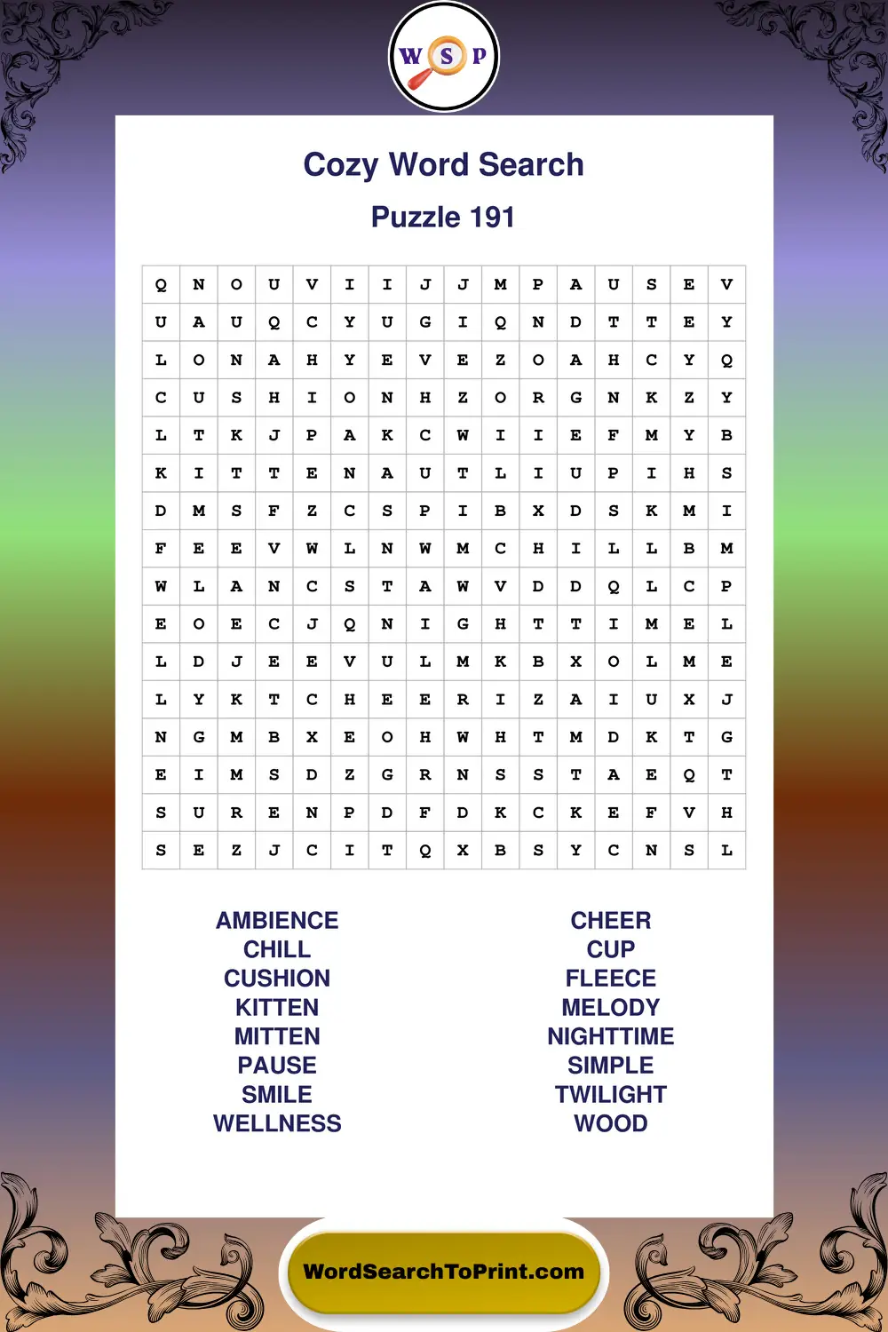 Cozy Word Search Puzzle 191