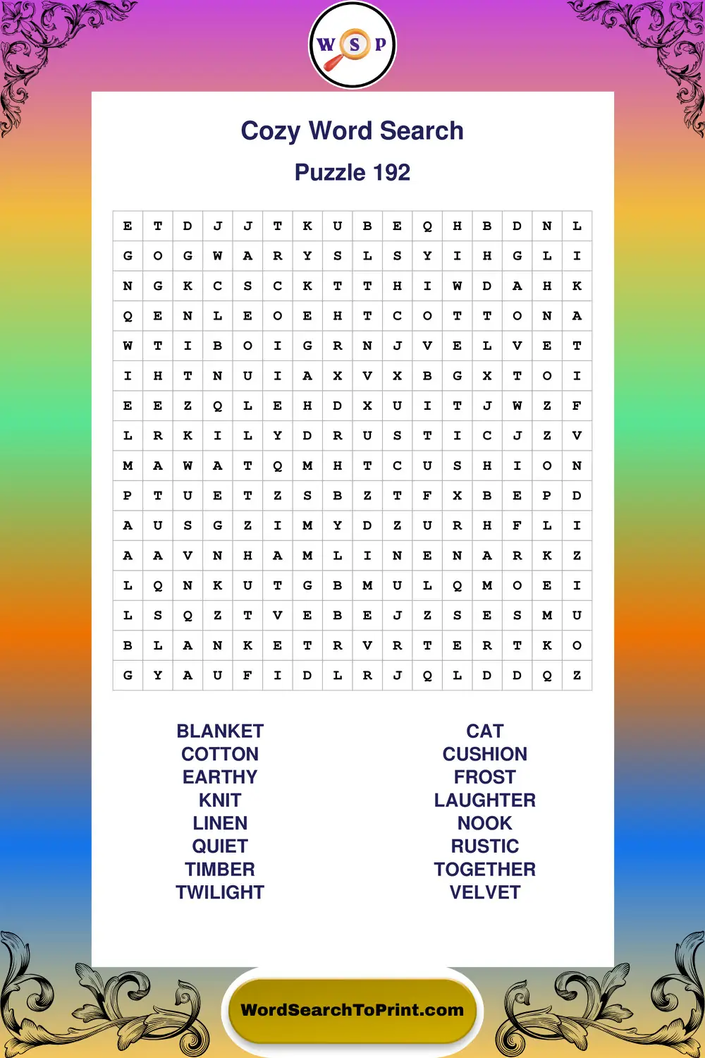 Cozy Word Search Puzzle 192