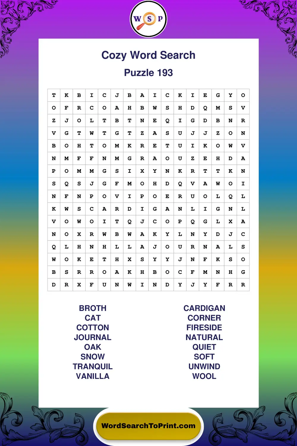 Cozy Word Search Puzzle 193