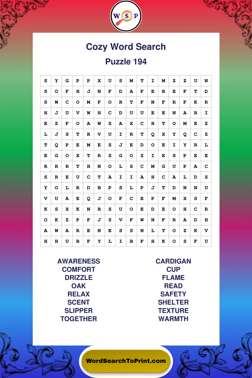 Cozy Word Search Puzzle 194