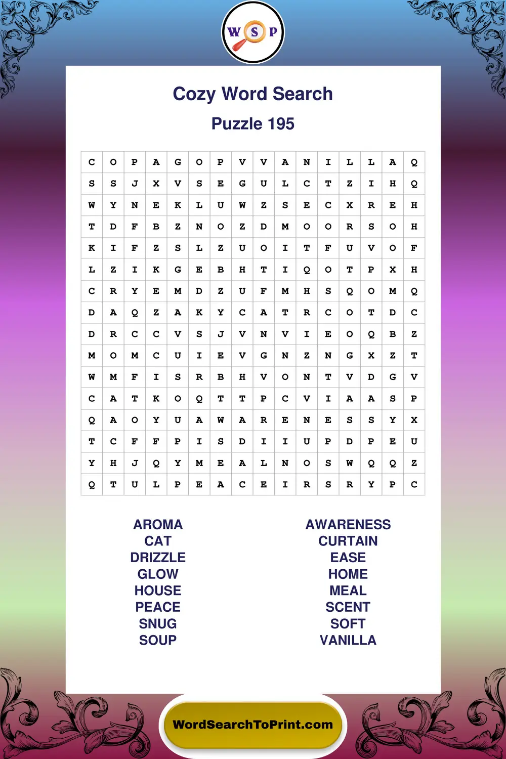 Cozy Word Search Puzzle 195