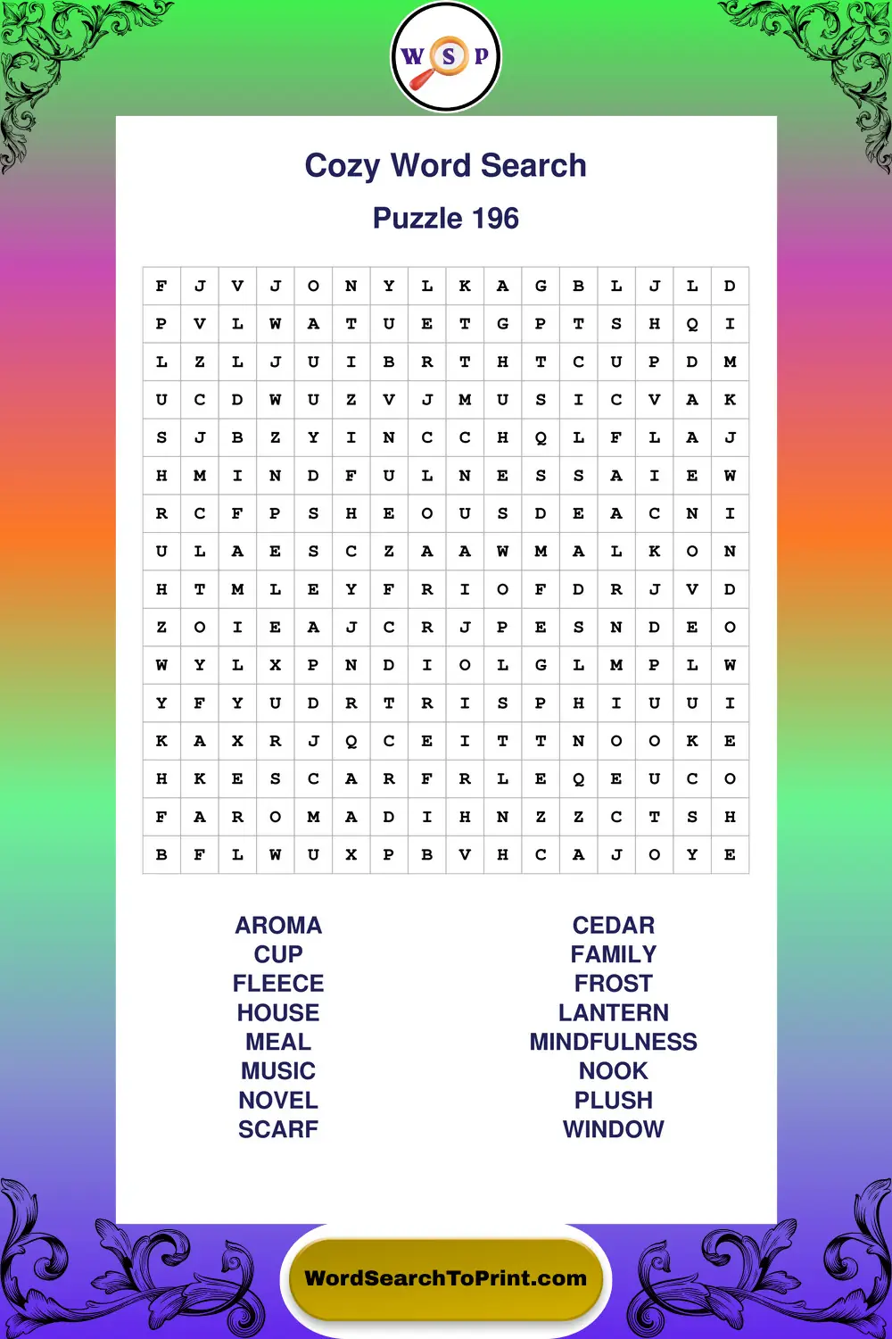 Cozy Word Search Puzzle 196
