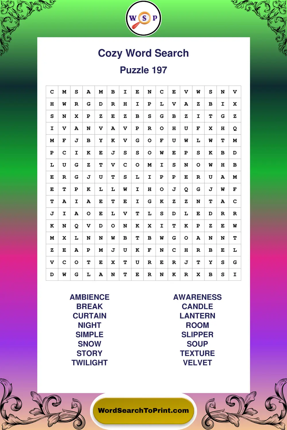 Cozy Word Search Puzzle 197