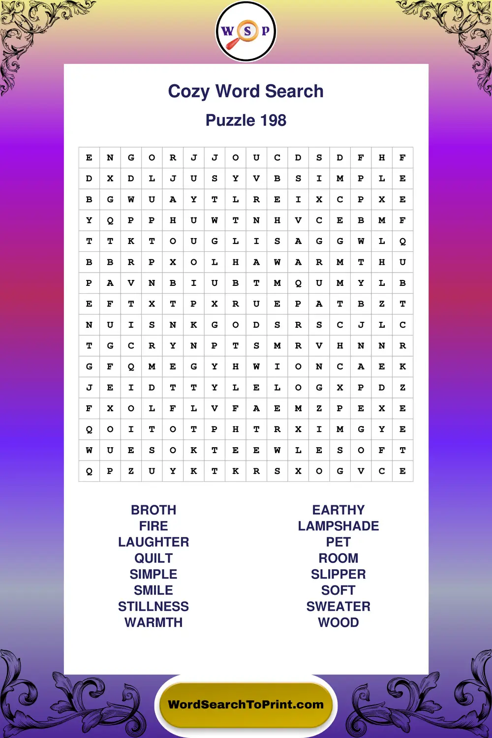 Cozy Word Search Puzzle 198