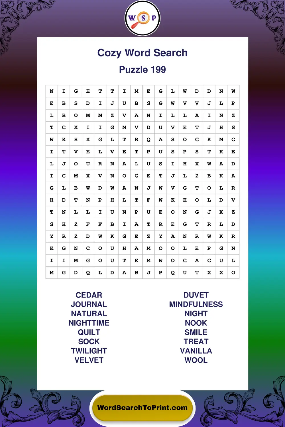 Cozy Word Search Puzzle 199
